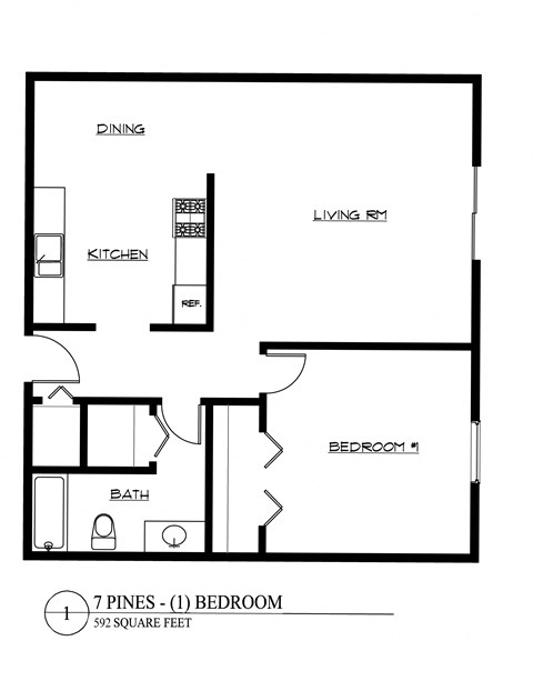 Floor plan for 1 bed, 1 bath, 598 sqft